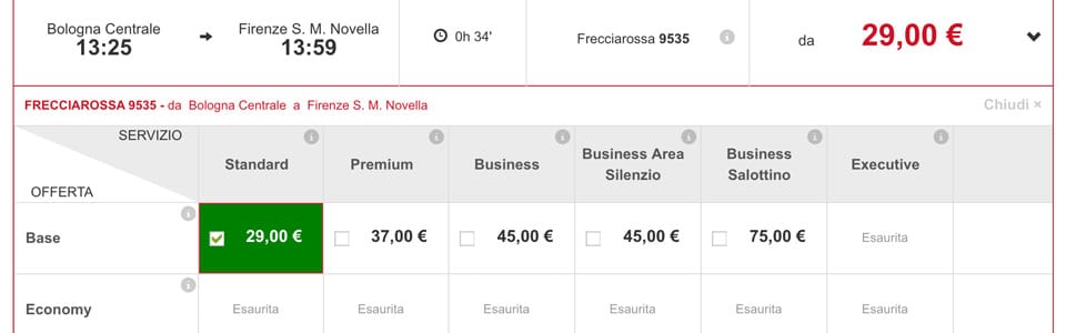 Стоимость билетов Трениталия по маршруту Болонья-Флоренция