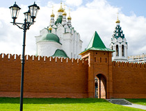 Holy Trinity Church and stylized Kremlin wall in Yoshkar-Ola
